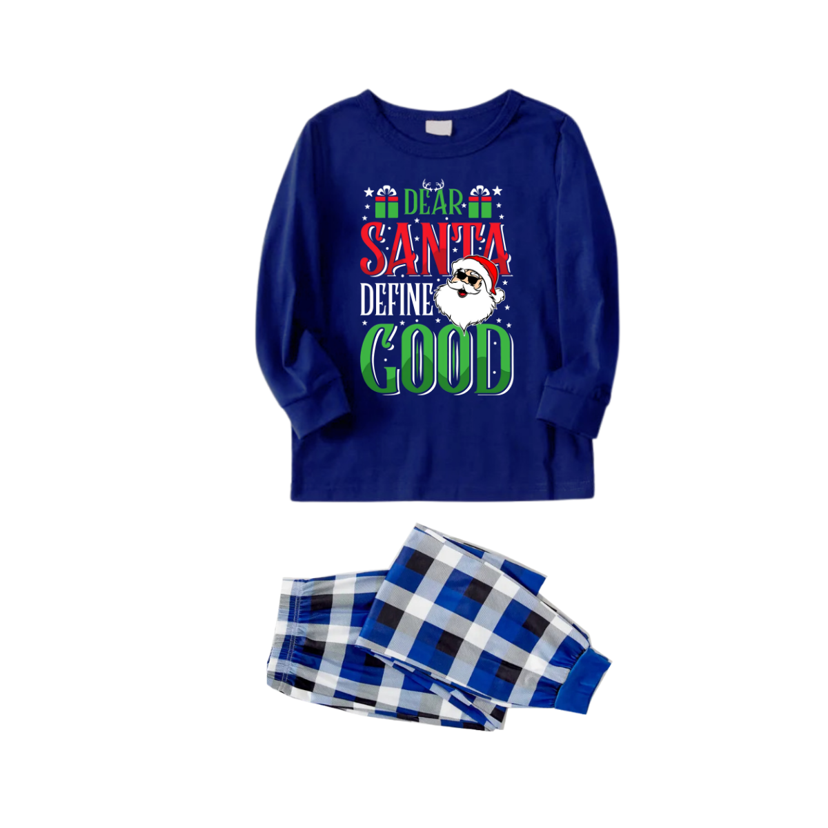 WW | "Dear Santa, define good" text printed Blue and White checkered Family Matching Pajamas