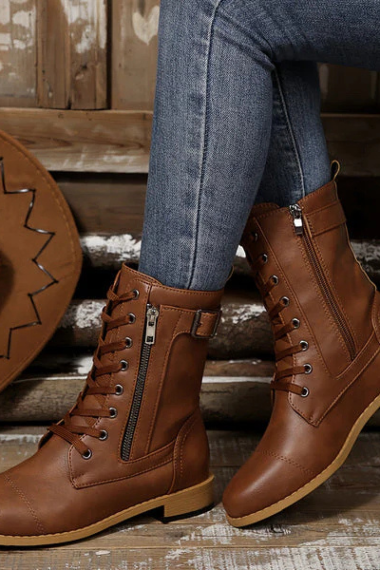 Miya Leather Boots with Zipper - Brown