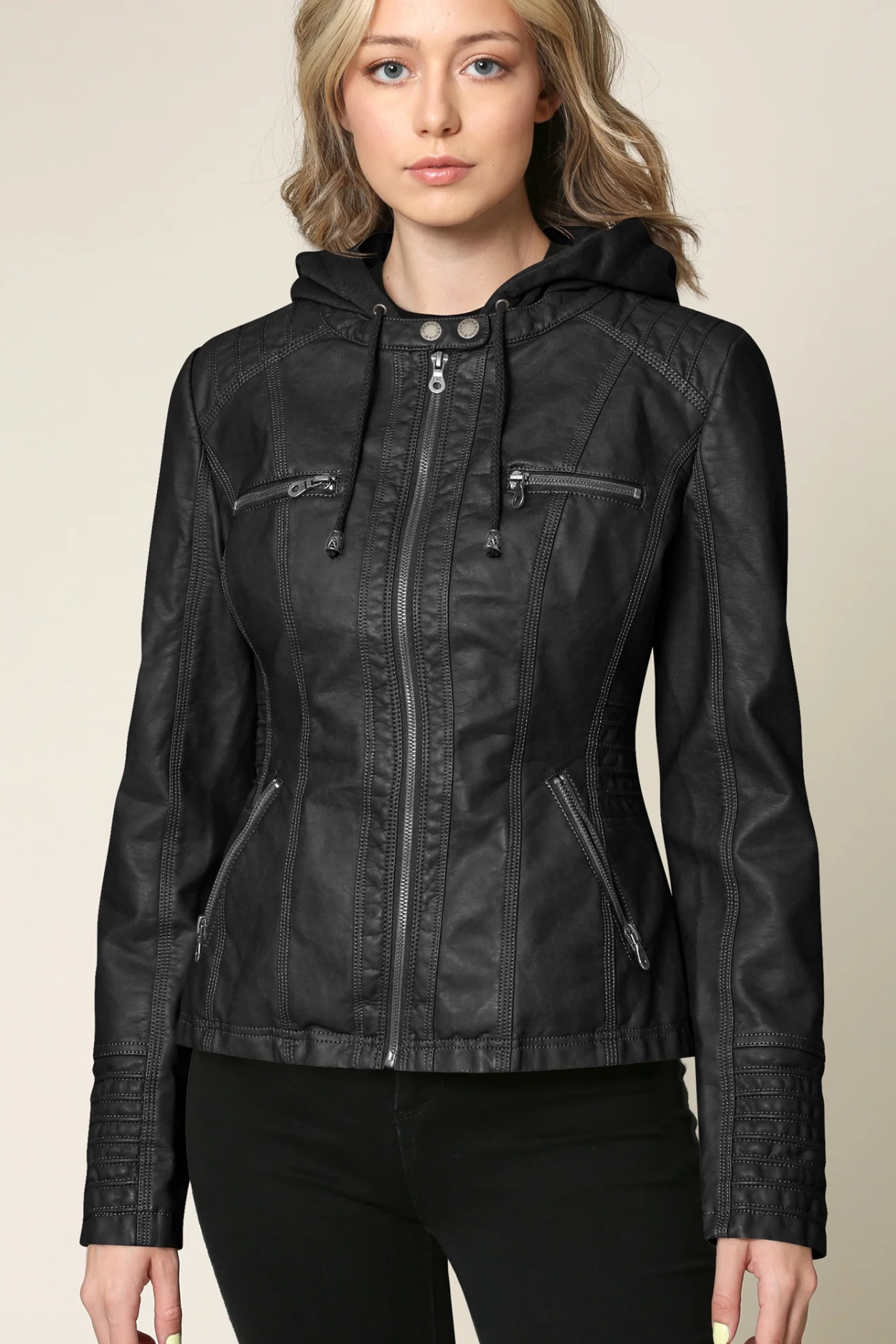 Eva Women's Weatherproof Leather Jacket with Hood - Black