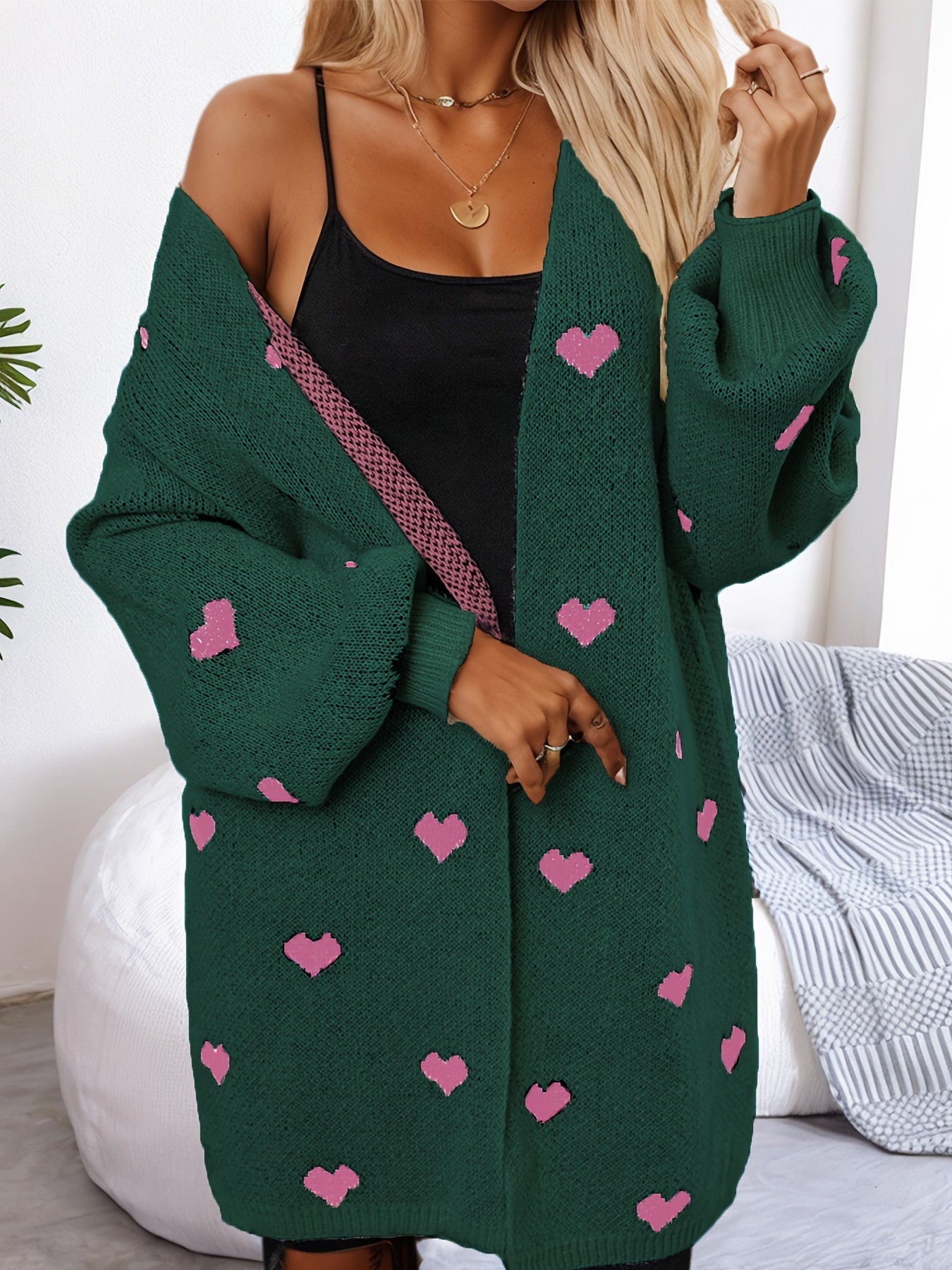 WW | Heart Pattern Long Length Wool Cardigan For Women - Ideal for Winter