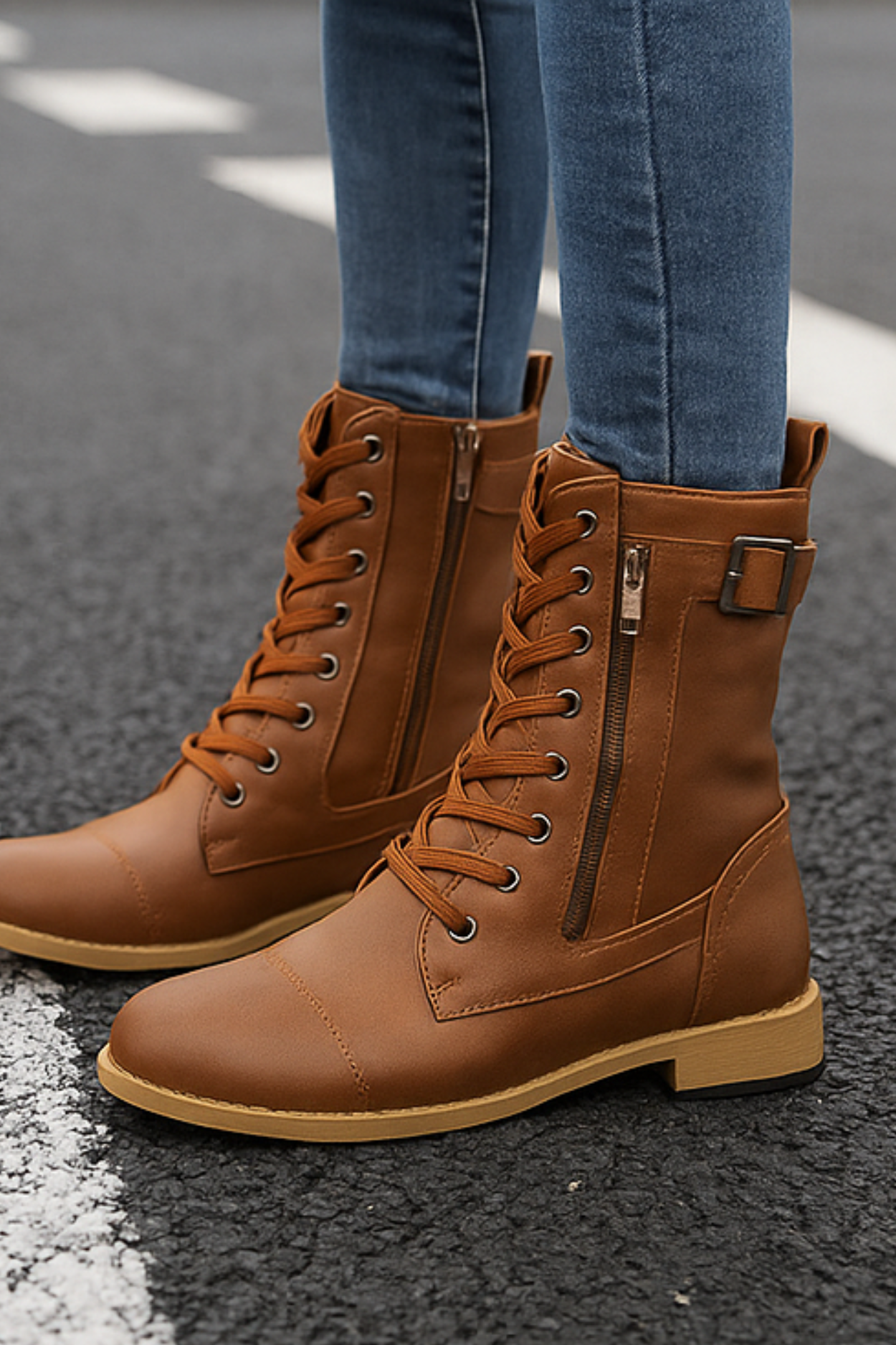 Miya Leather Boots with Zipper - Brown