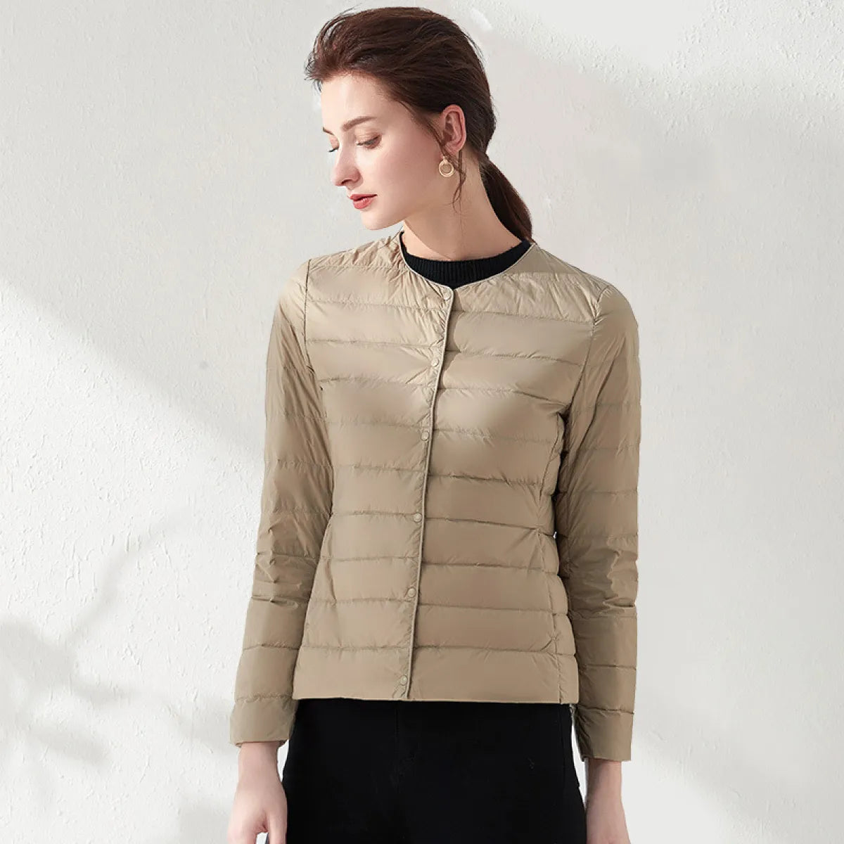 WW | Lightweight, collarless, and form-fitting quilted jacket for women