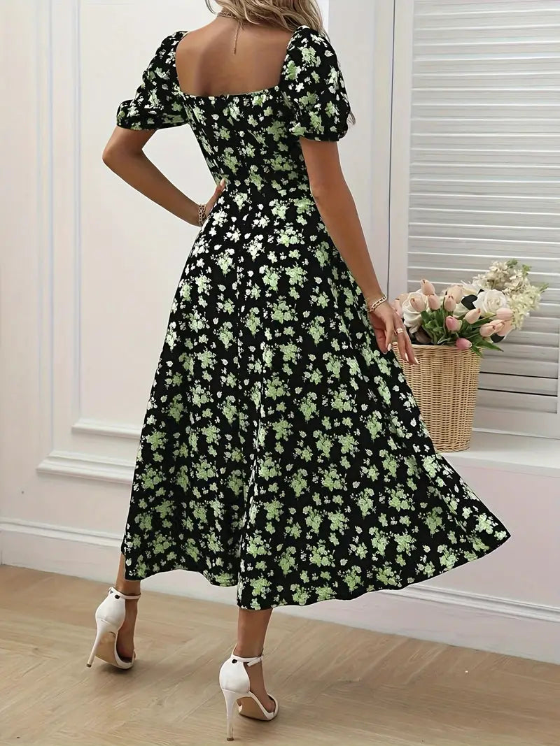 WW | Schickes Kleid mit Puffärmeln Im A-Linien-Stil mit Blumendruck