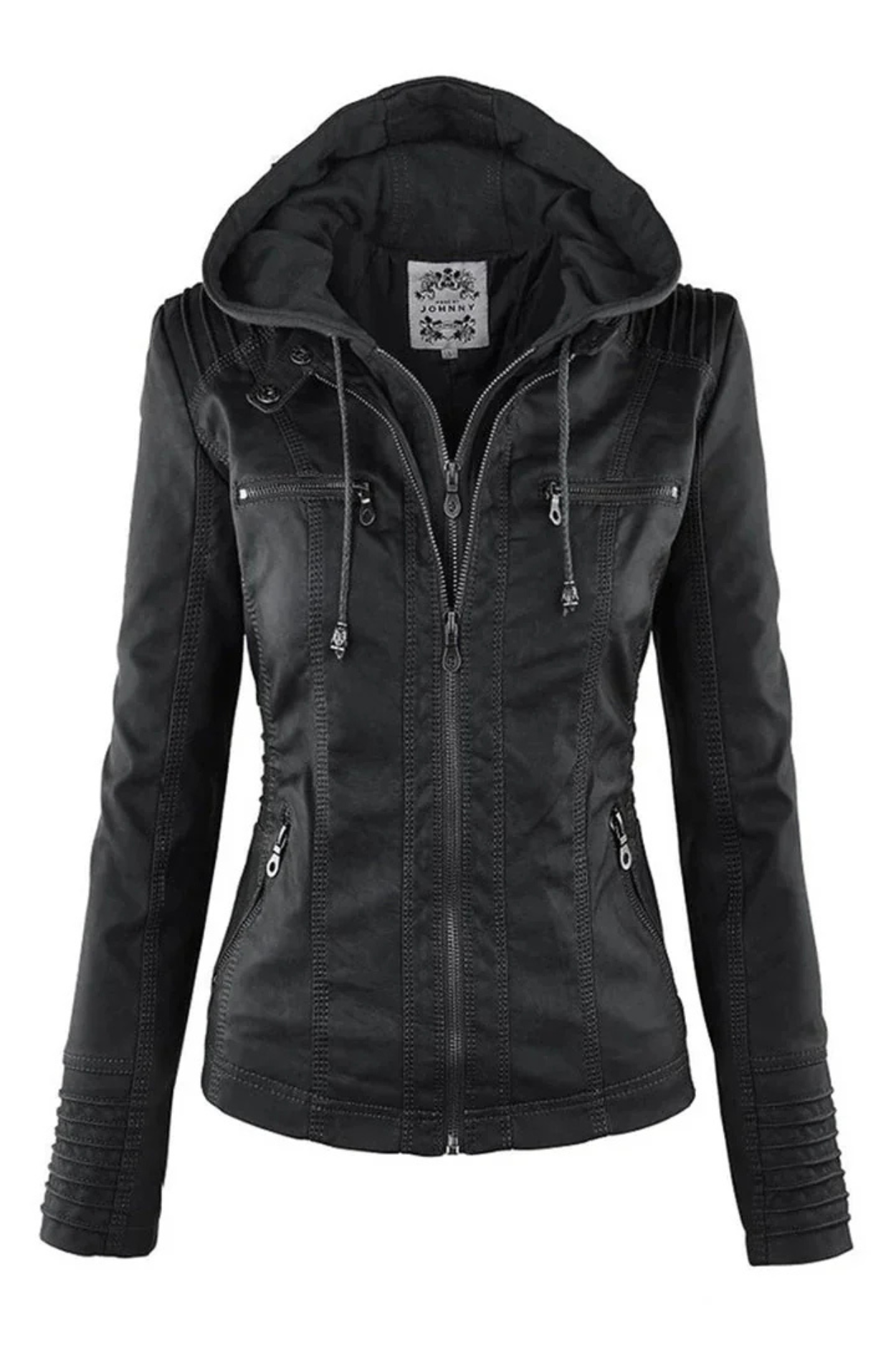 Eva Women's Weatherproof Leather Jacket with Hood - Black
