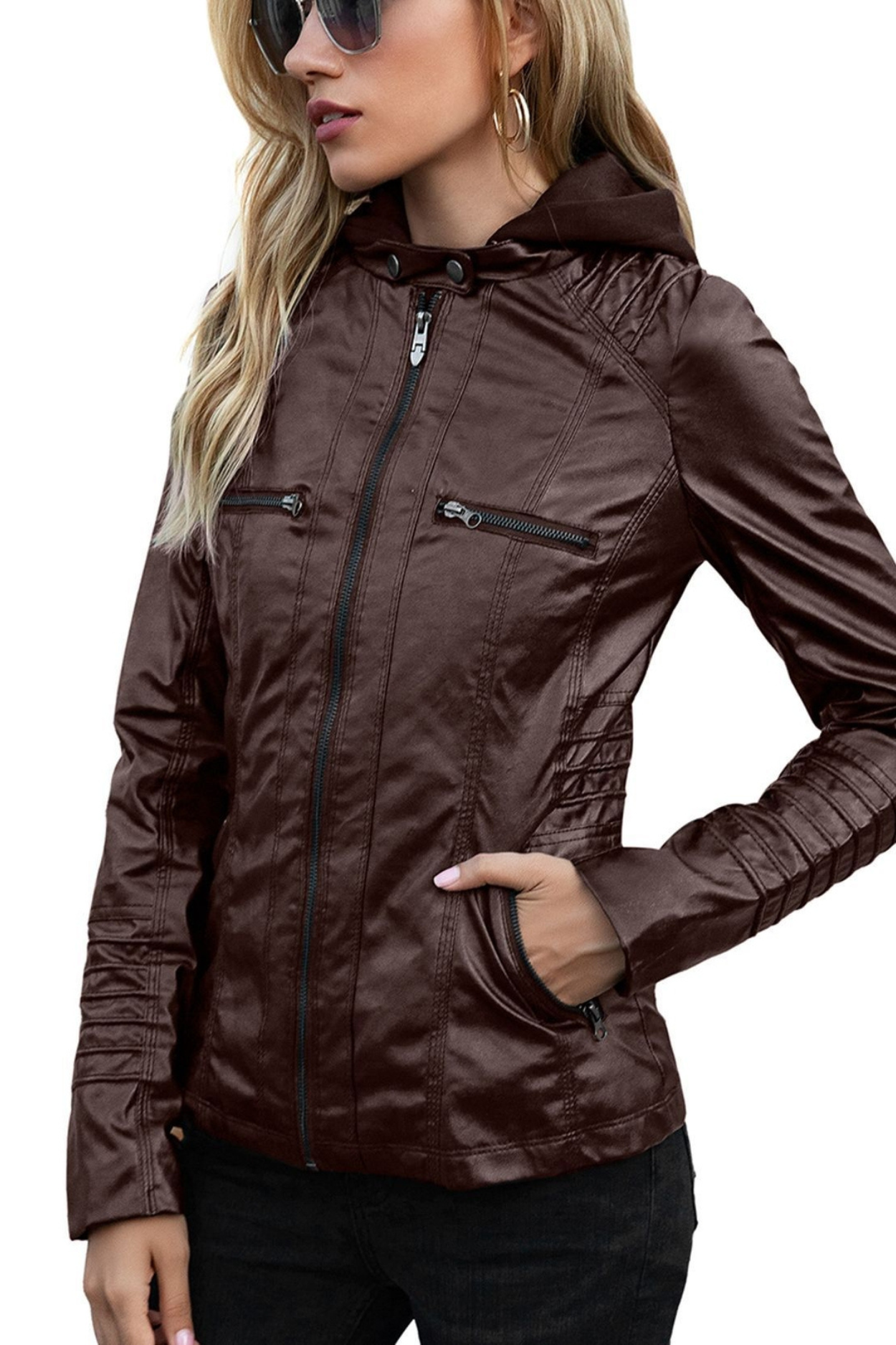Eva Women's Weatherproof Leather Jacket with Hood - Brown