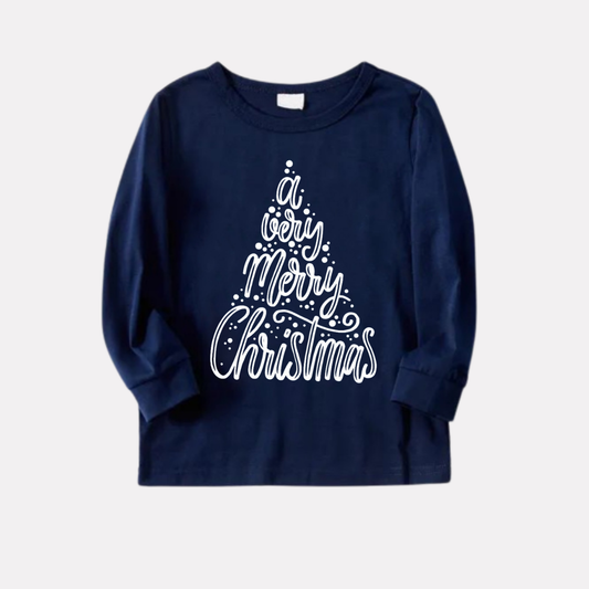 WW | "A very Merry Christmas" Blue Long-Sleeve Top with Blue & Red Plaid Family Matching Pajamas