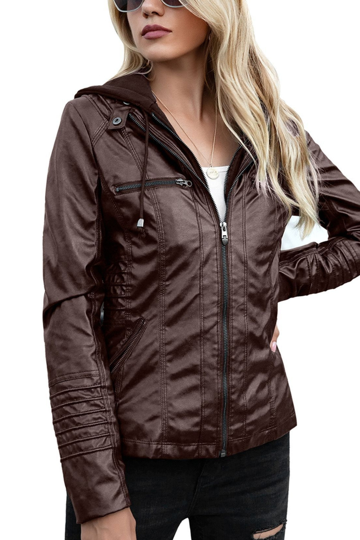 Eva Women's Weatherproof Leather Jacket with Hood - Brown