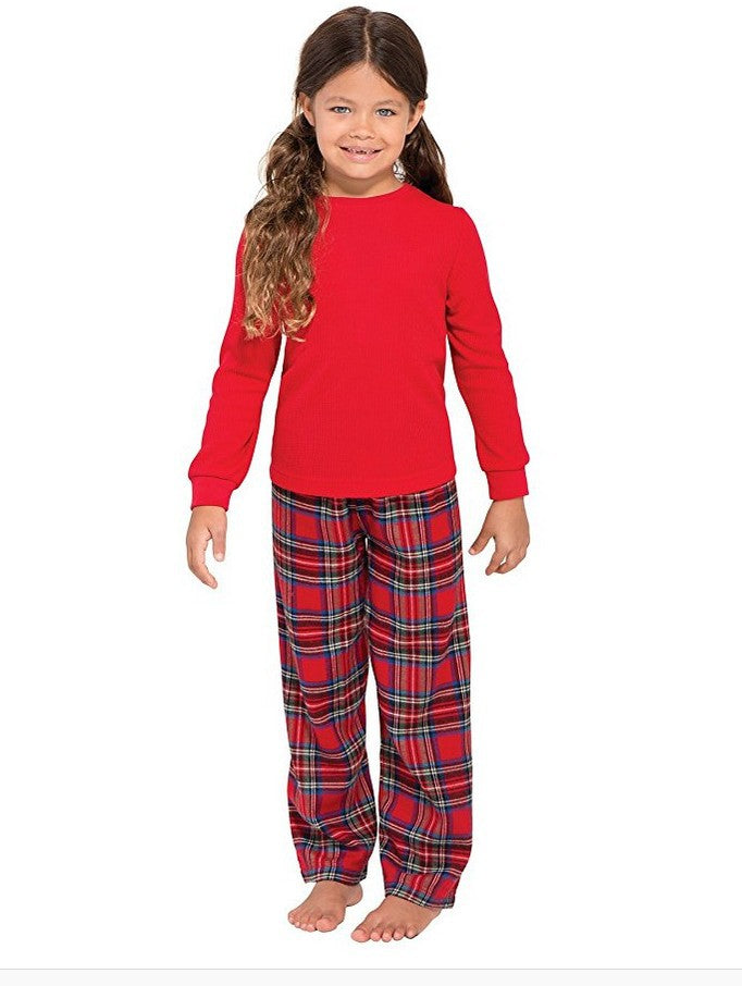 WW | Christmas Long Sleeve Pure Red Top and Plaid Long Pants Family Matching Pajamas