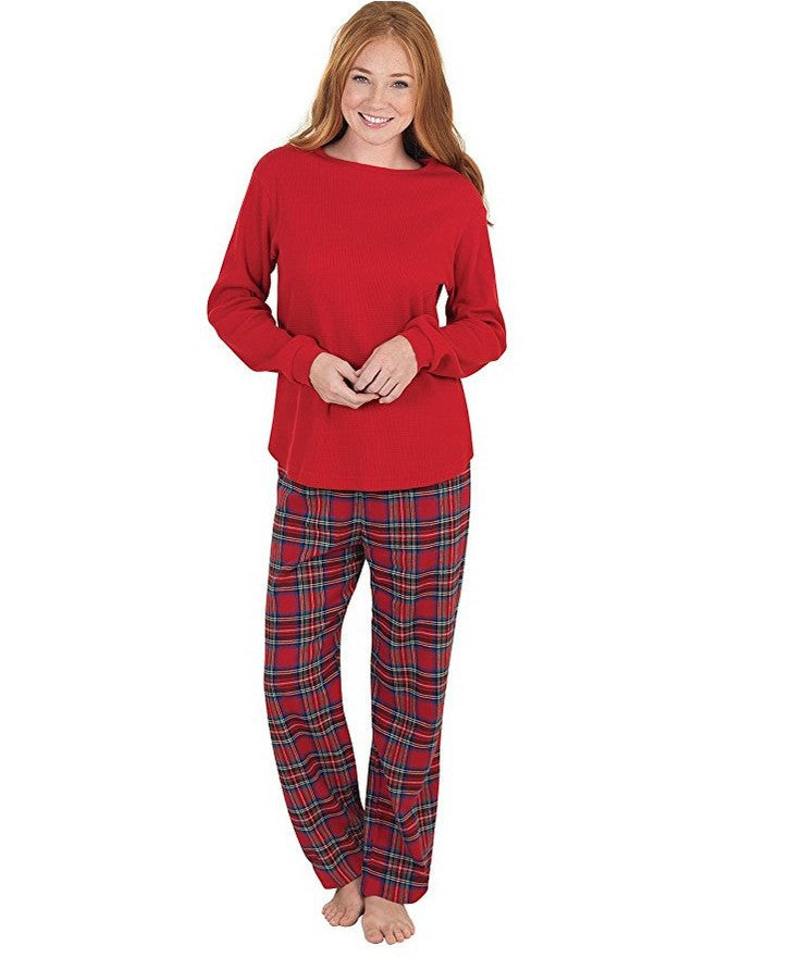 WW | Christmas Long Sleeve Pure Red Top and Plaid Long Pants Family Matching Pajamas
