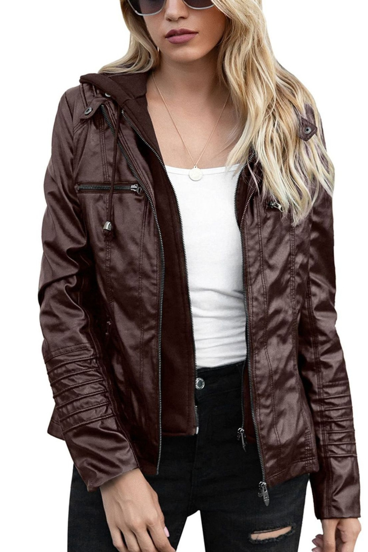 Eva Women's Weatherproof Leather Jacket with Hood - Brown