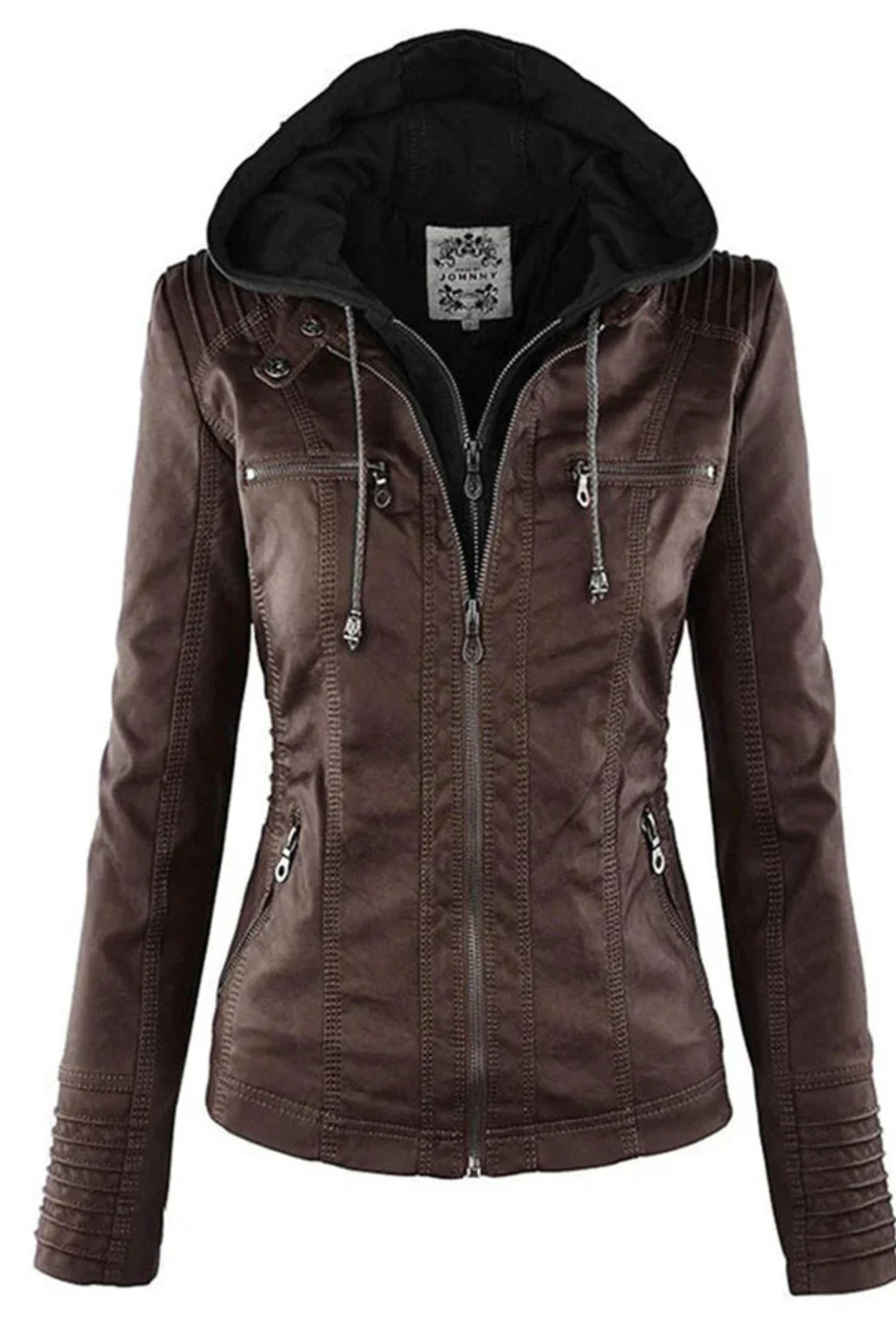 Eva Women's Weatherproof Leather Jacket with Hood - Brown