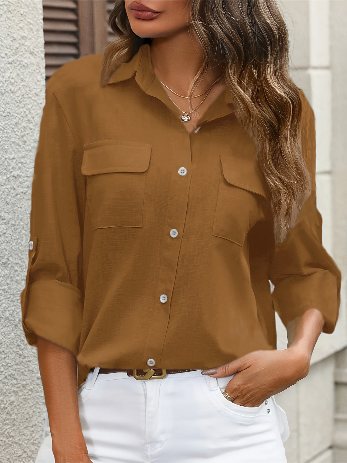 WW | Elegant Women's Cotton Blouse with Pockets and Long Sleeves