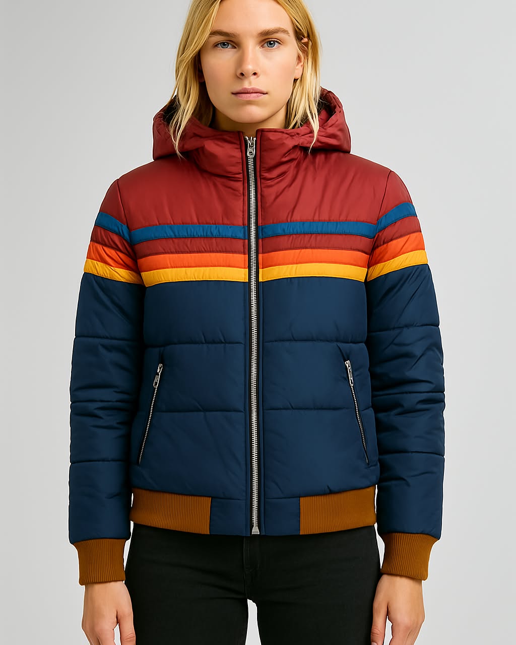 WW | Waterproof Puffer Jacket Color Block Hooded Winter Jacket