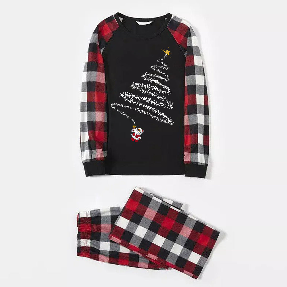 WW | Weihnachtsmann-Print-Muster Freizeit Langarm-Sweatshirts Kontrast-Oberteile und rot & schwarz & weiß kariert Hose Familie passende Pyjama-Set mit Haustier-Bandana