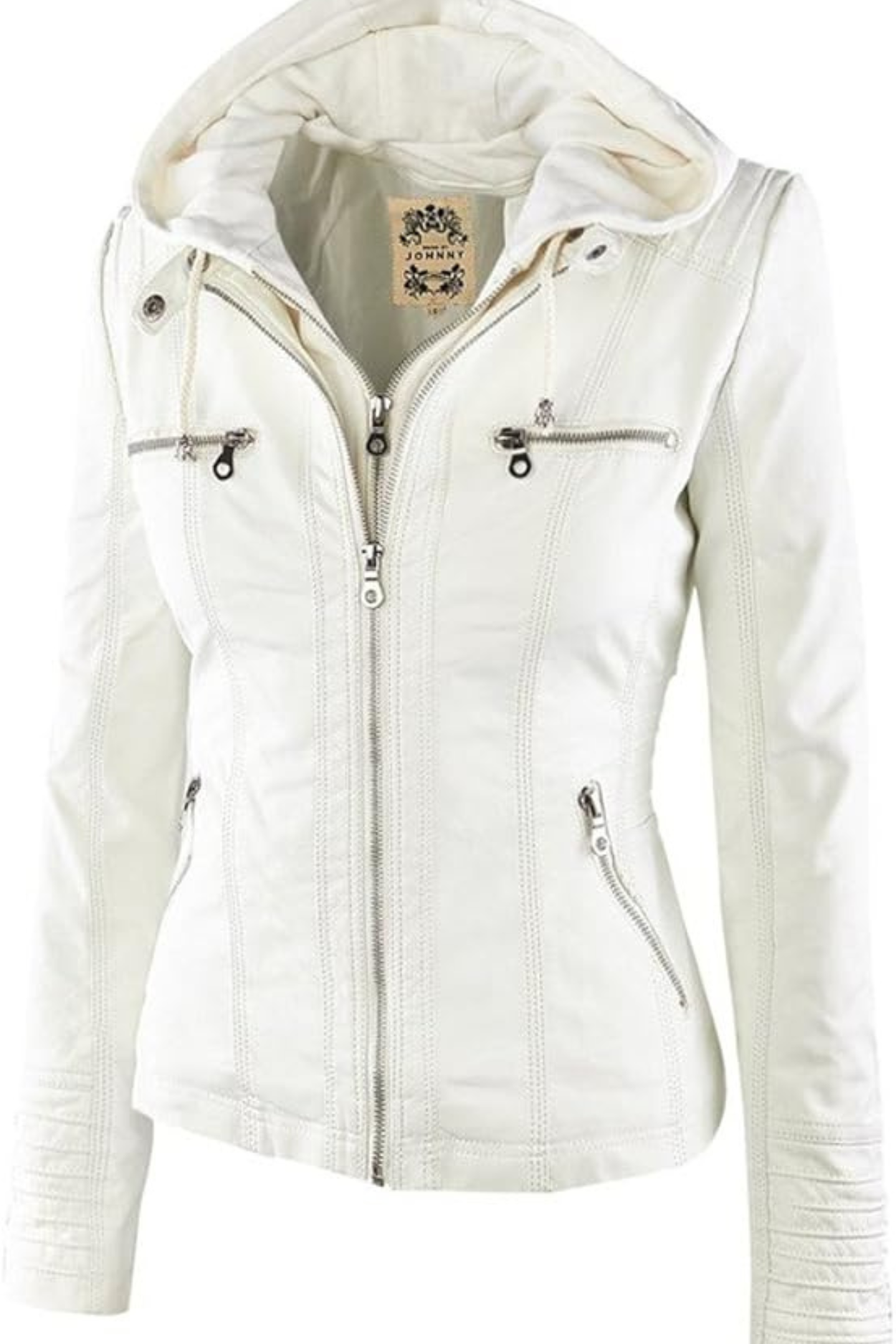Eva Weatherproof Women's Leather Jacket with Hood - White