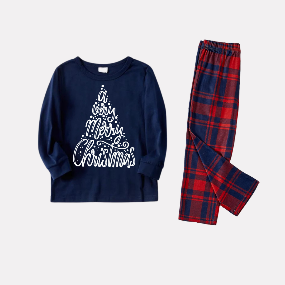 WW | "A very Merry Christmas" Blue Long-Sleeve Top with Blue & Red Plaid Family Matching Pajamas