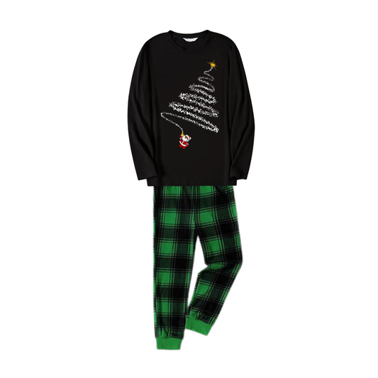 WW | Santa Claus and Christmas Tree Print Black Long Sleeve Top with Green and Black Plaid Pattern Couple Matching Pajamas