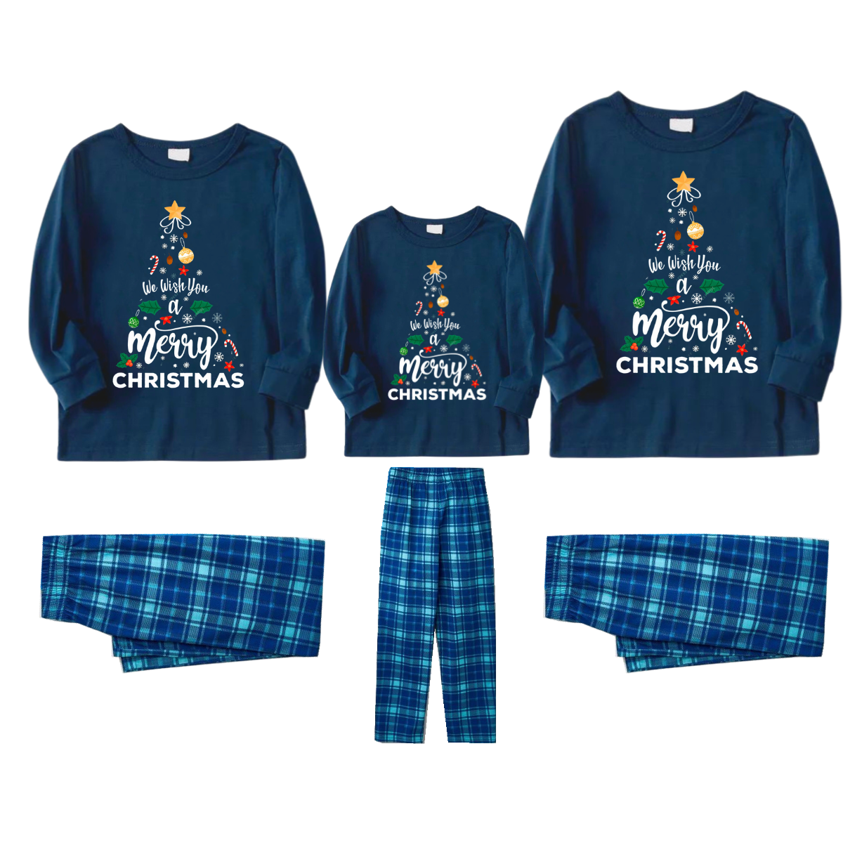 WW | "Wir wünschen Ihnen ein frohes Weihnachten" Bedrucktes blaues Langarmoberteil mit blauer Karomuster Familien-Pyjamas im Partnerlook