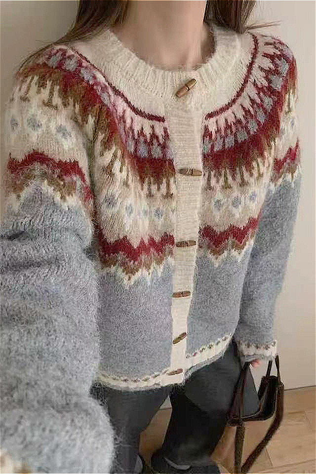 WW | Rundhals Fair Isle Weihnachten Hornknopf Strickjacke