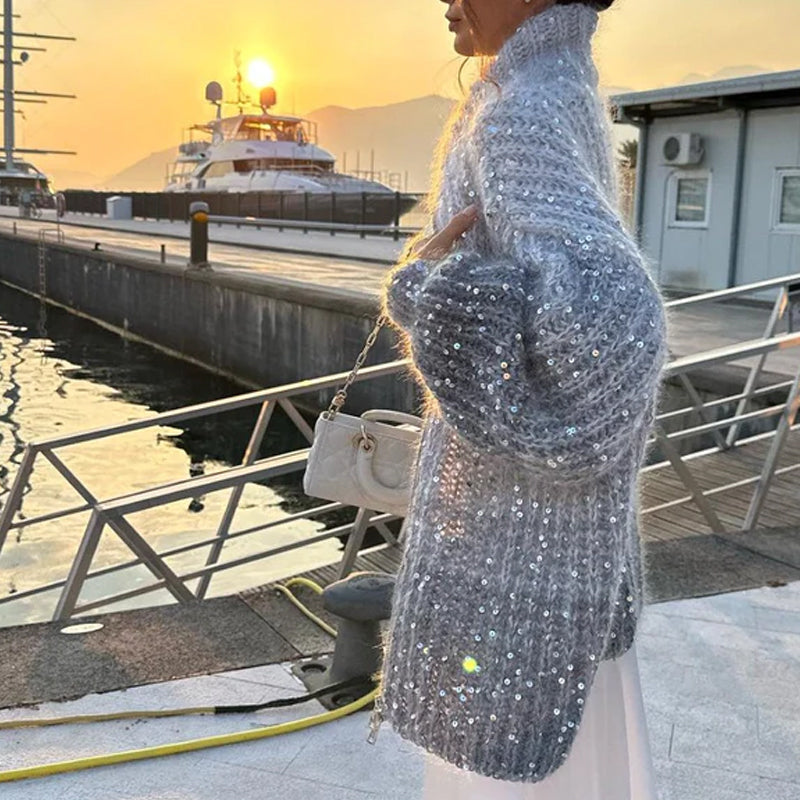 WW | Strickjacke mit Pailletten - Eleganter Glanz & Leichtes Gewebe - Einfarbig Cardigan für Alltag & besondere Anlässe