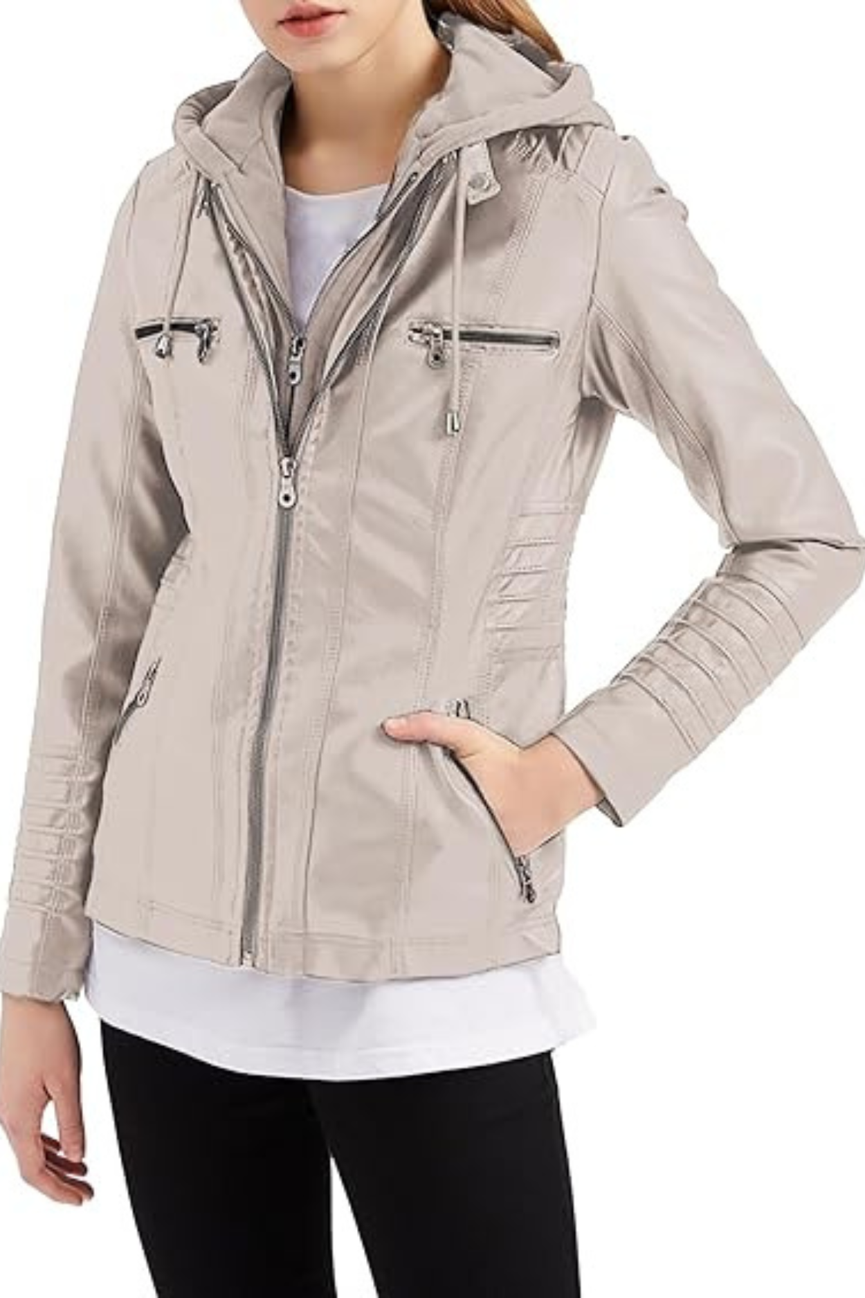 Eva Weatherproof Women's Leather Jacket with Hood - Beige