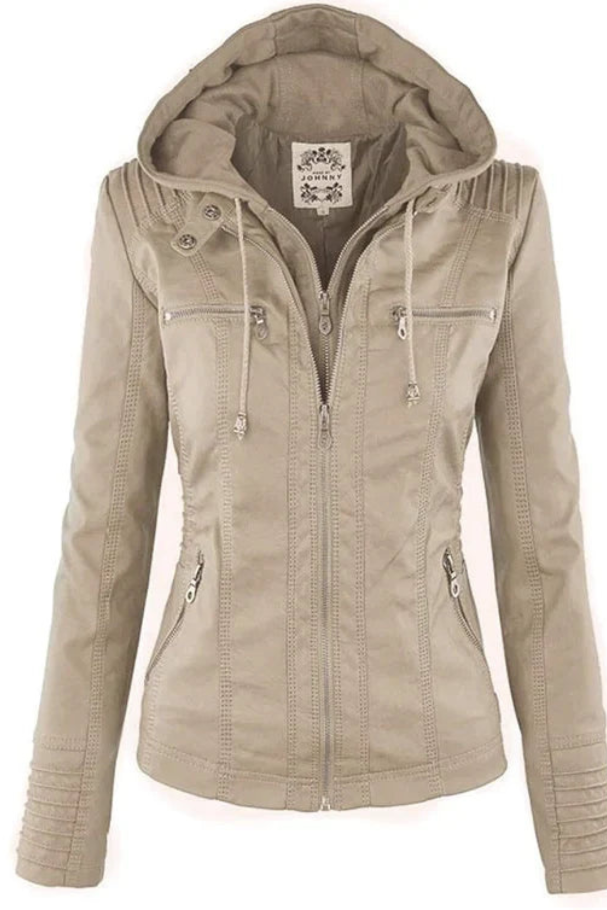 Eva Weatherproof Women's Leather Jacket with Hood - Beige