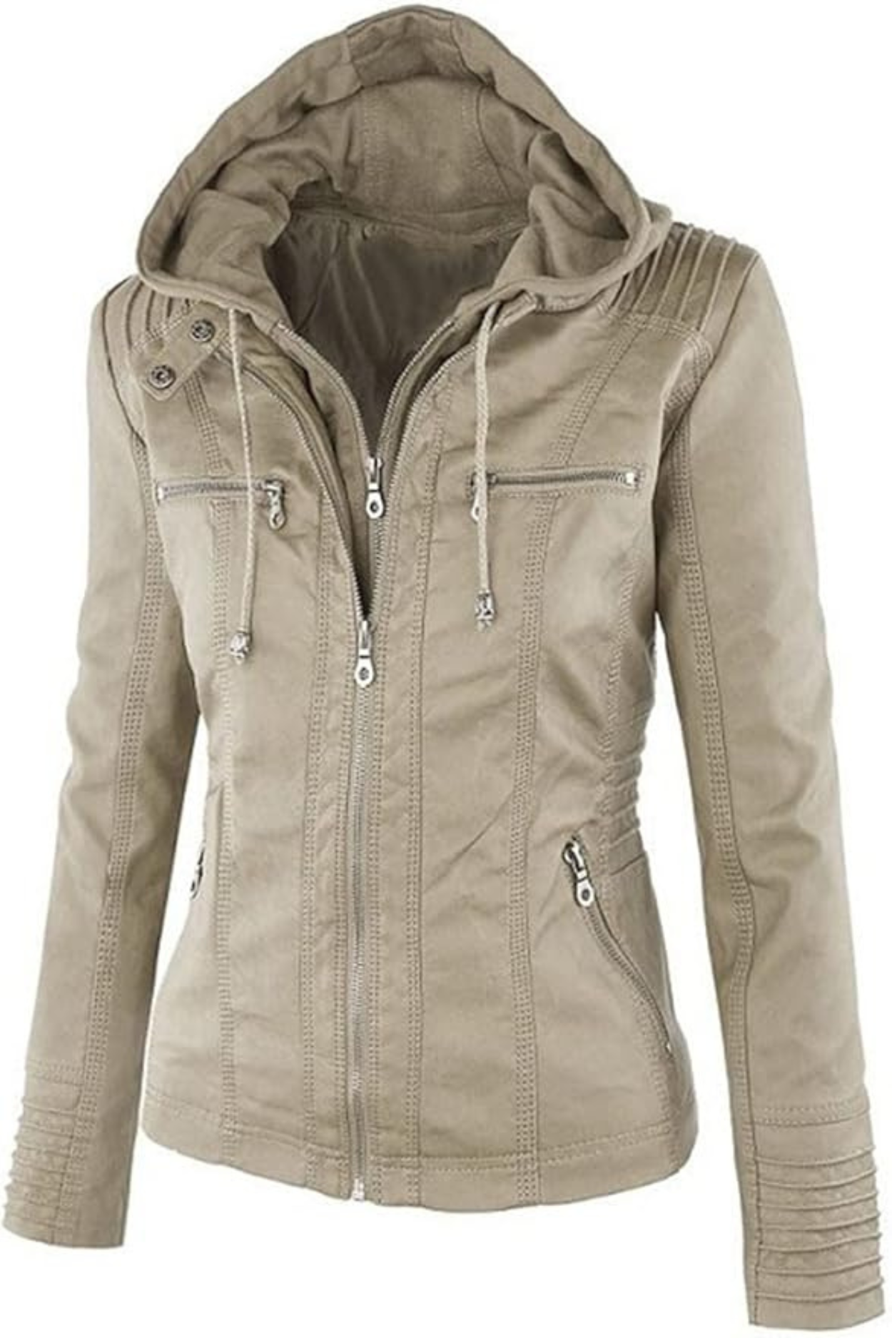 Eva Weatherproof Women's Leather Jacket with Hood - Beige