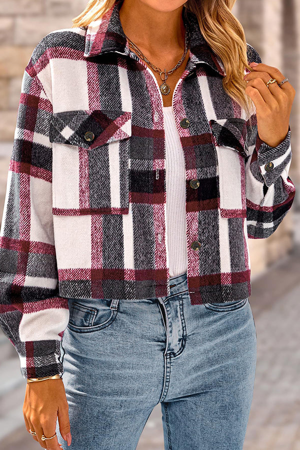 WW | Pocket Fashion Casual Cropped Damen Karierte Jacke