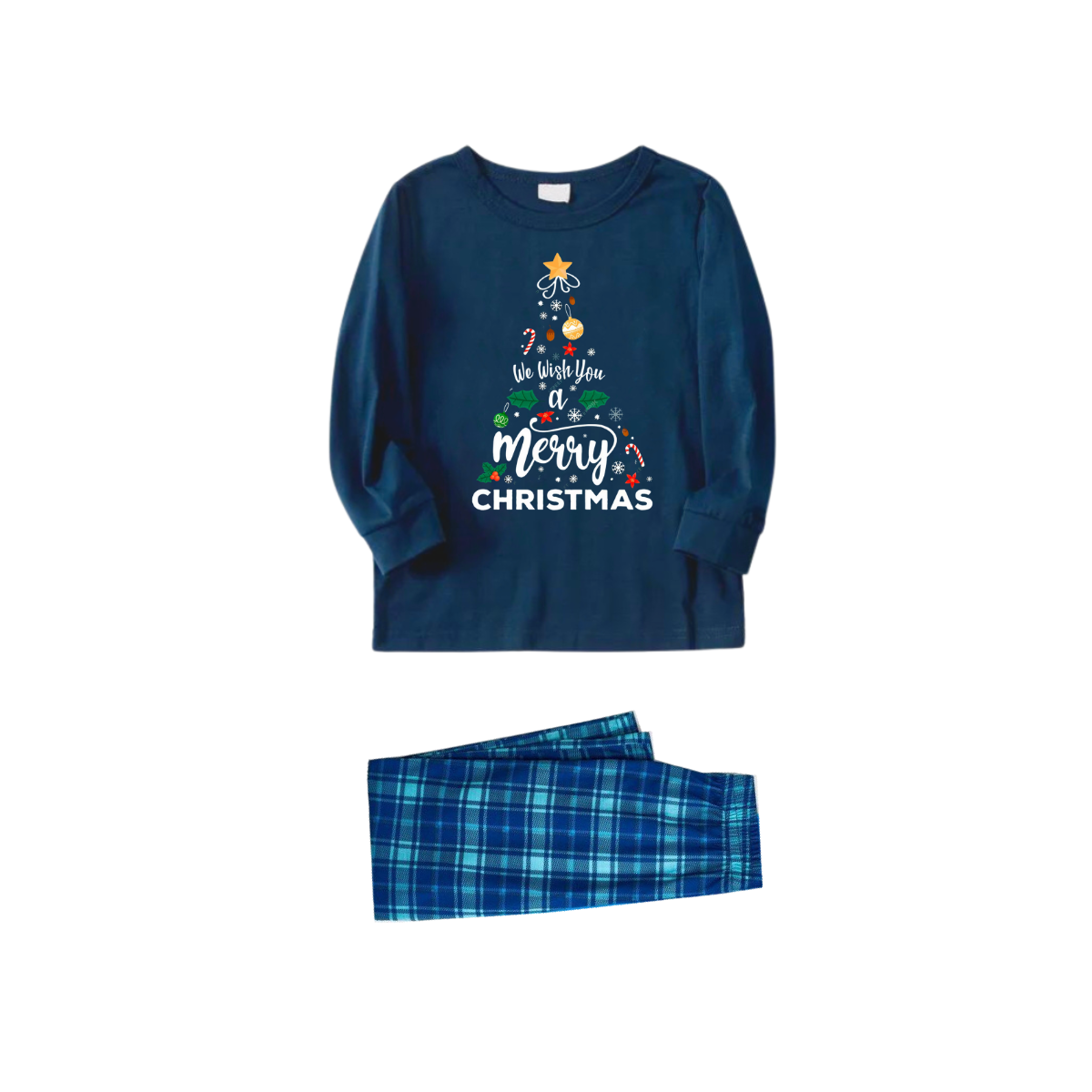 WW | "We wish you a Merry Christmas" printed blue long-sleeve top with blue and green plaid couple matching pajamas