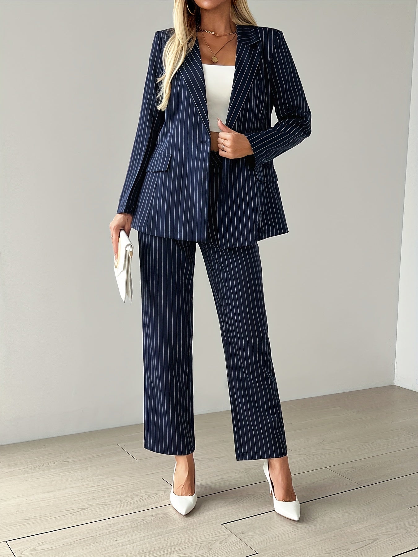 WW | Striped Button-Front Long Sleeve Blazer & High-Waisted Straight Leg Pants Outfit Set for Women - For Formal Occasions