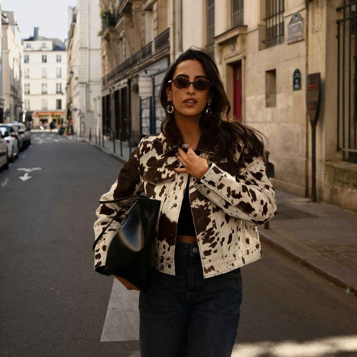 WW | Jacket with cow print, lapel collar and stylish snap fasteners