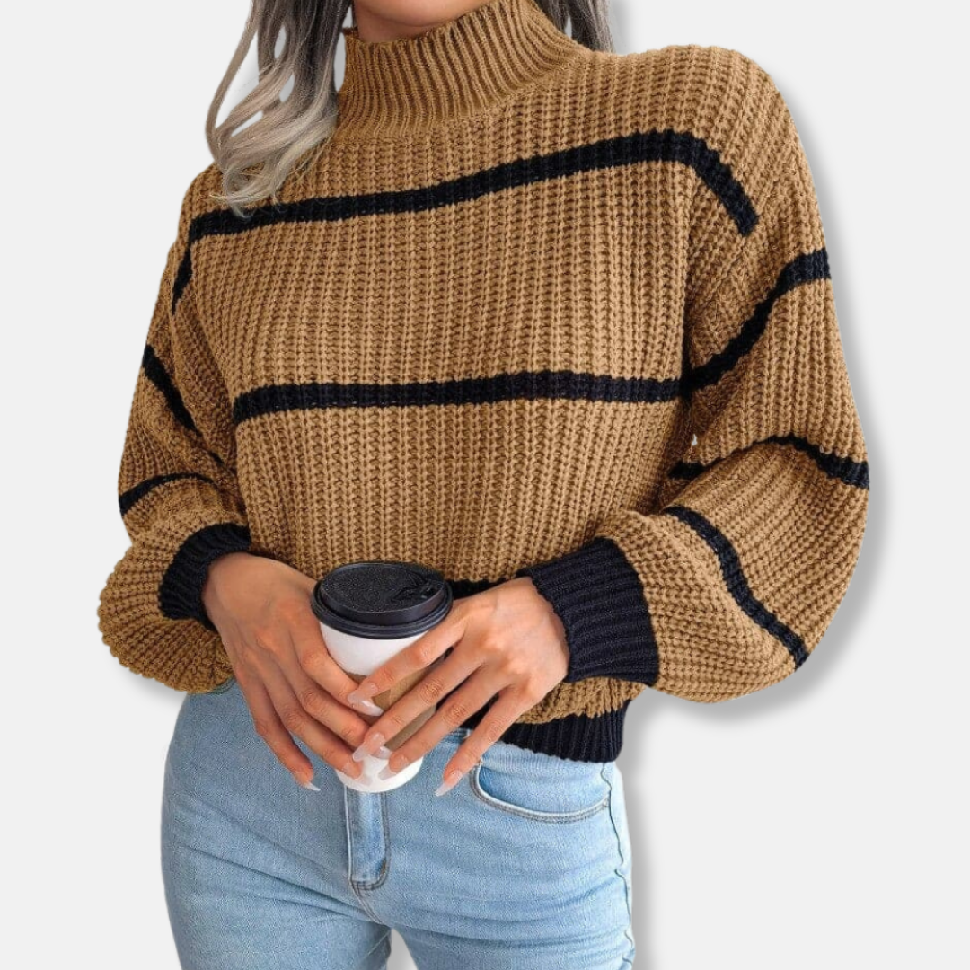 WW | Strickpullover - Weicher gerippter Rollkragen - Lockere Passform - Klassische Streifen