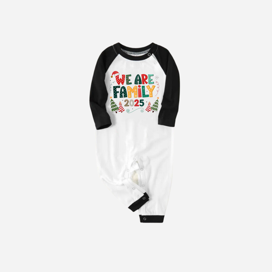 WW | Black Raglan Top Green Plaid Christmas Pajama Set with "We Are Family" Colored Text Print
