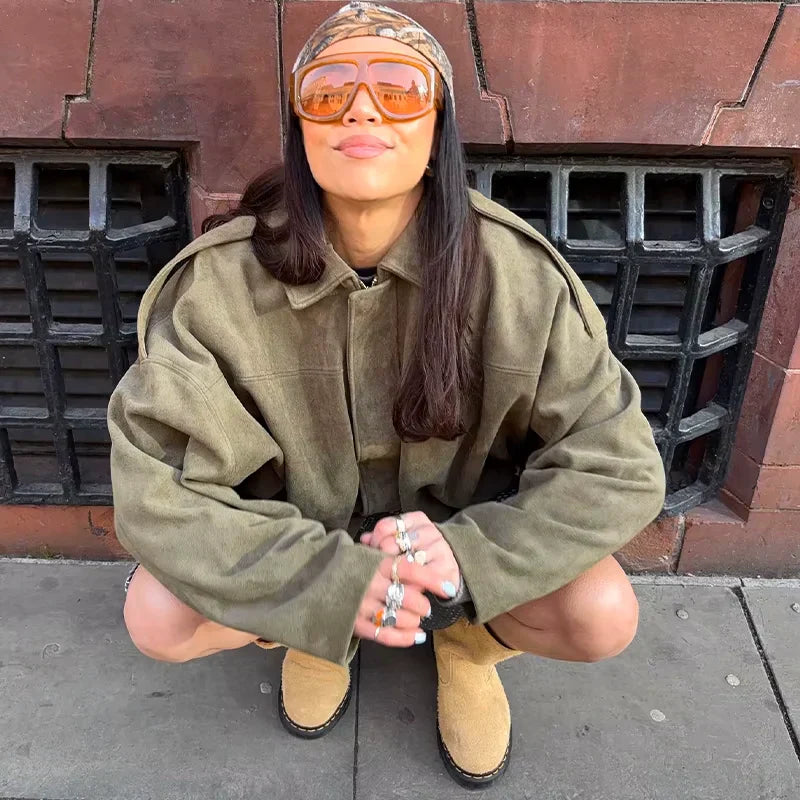 WW | Überdimensional Jacke - Weiche Wildlederoptik - Voll gefüttert - Khaki