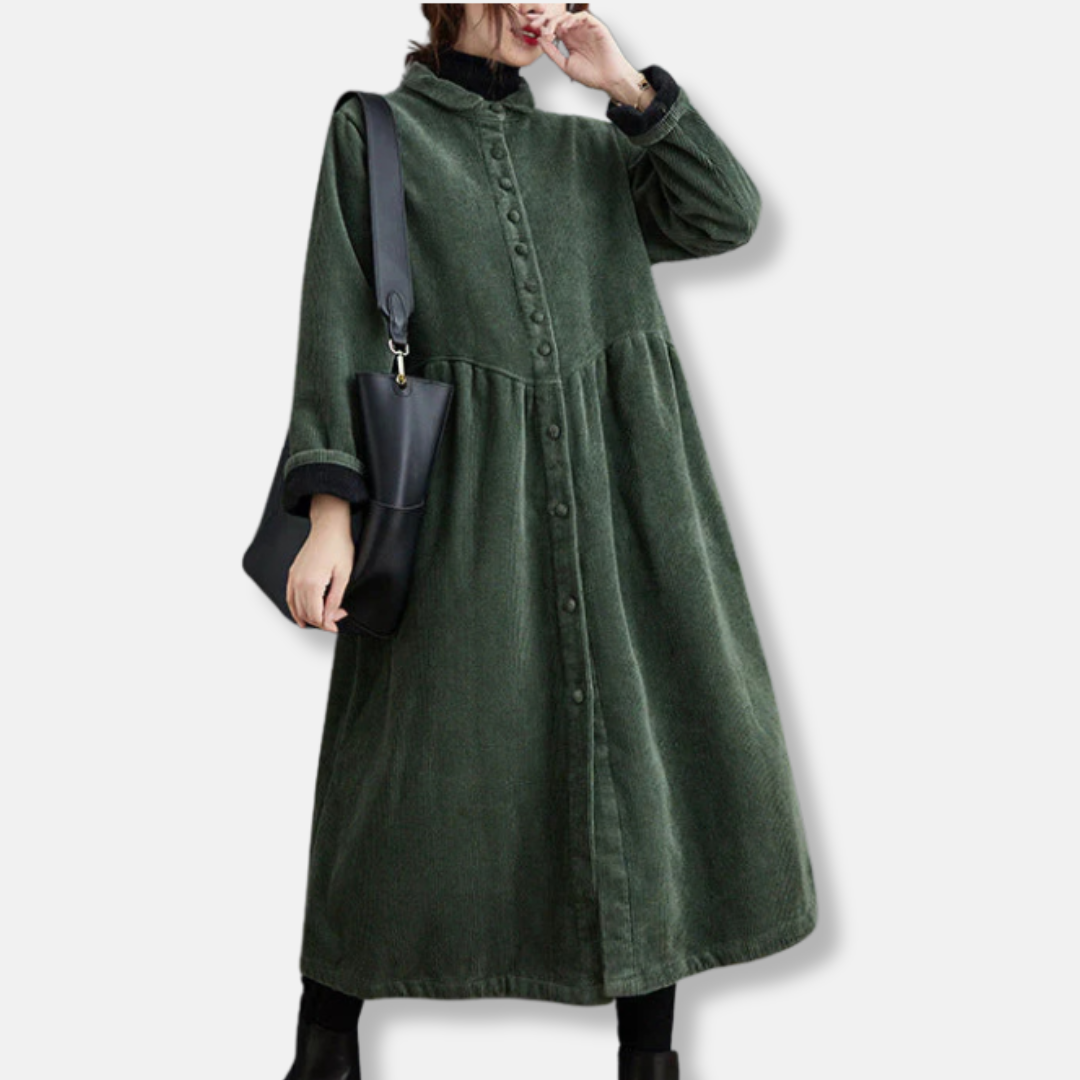 WW | Lange Jacke Cord A-Linie Lockere Passform Hoher Kragen Midi Knopfverschluss