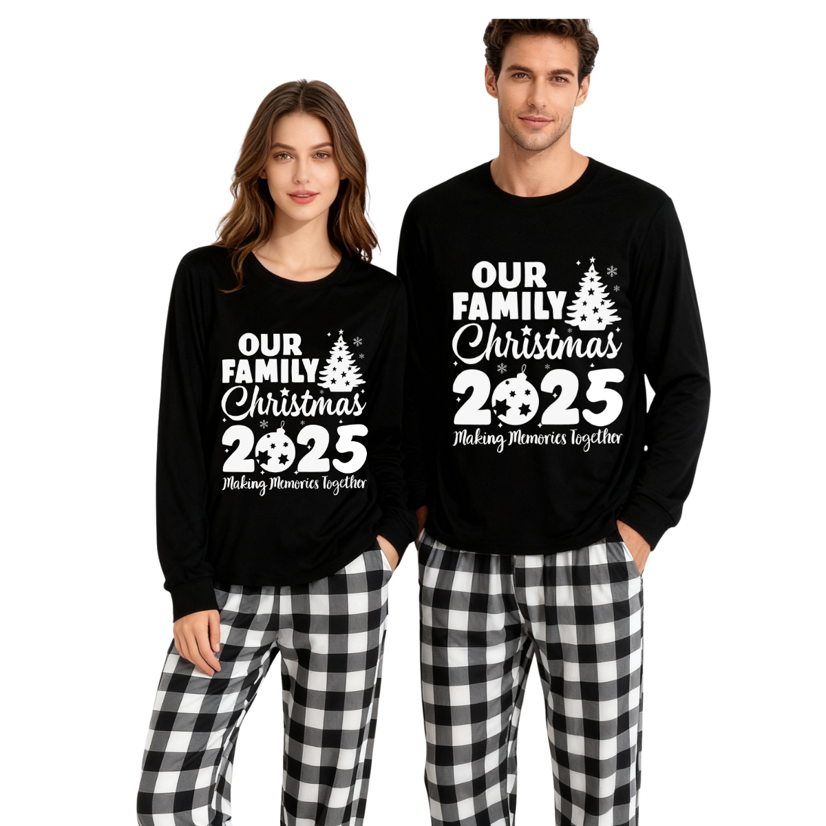 WW | Our Family Christmas 2025 'Shared Memories' Letter Print Black Long Sleeve Top with Black and White Checkered Pants Family Matching Pajamas