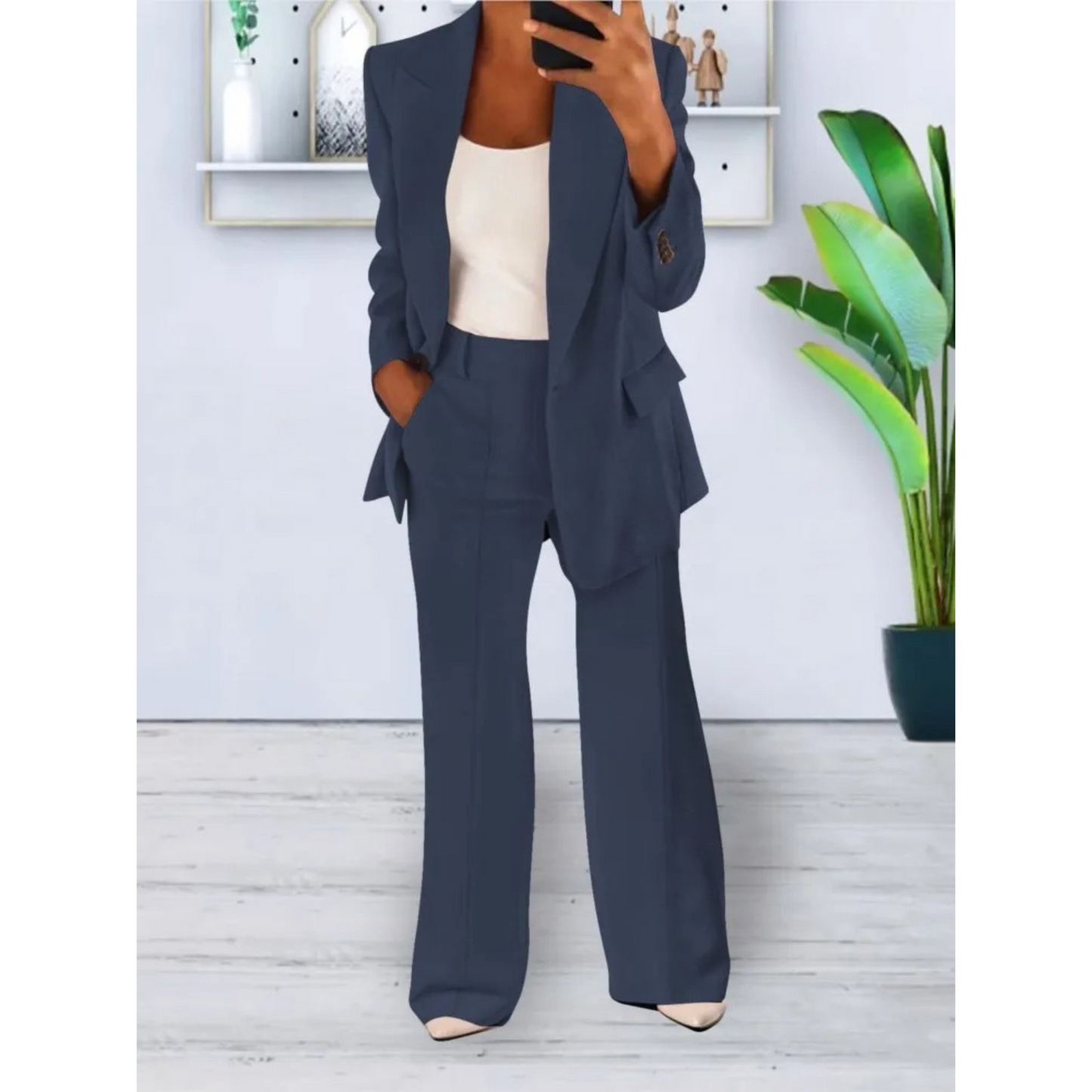 WW | lässige Passform einfarbiger lässiger Taschenblazer und Hosen Set