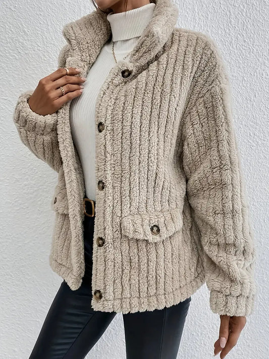 WW | Pelzjacke Weiches Kunstfell Knielang Klassischer Knopfverschluss