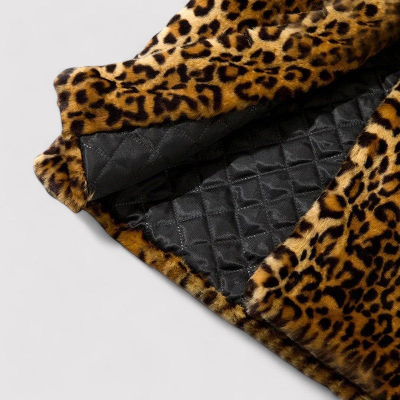 WW | Women's Classic Leopard Print Coat | Plush Faux Fur Overcoat | Mid-Length with Lapels