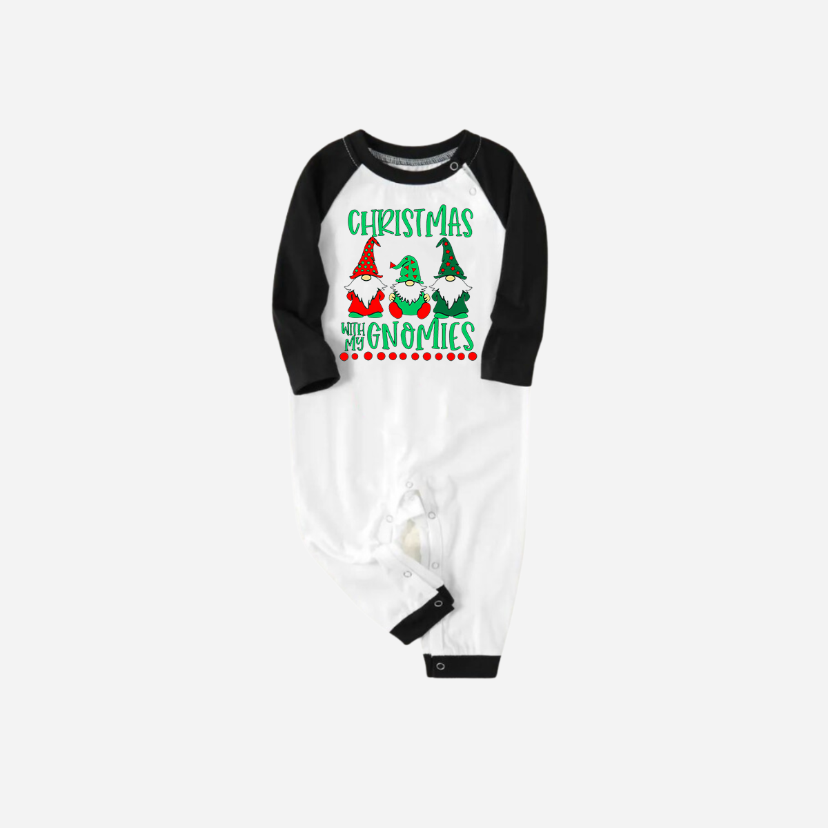 WW | Black raglan top with green check Christmas pyjama set with "Christmas with my Gnomies" text print