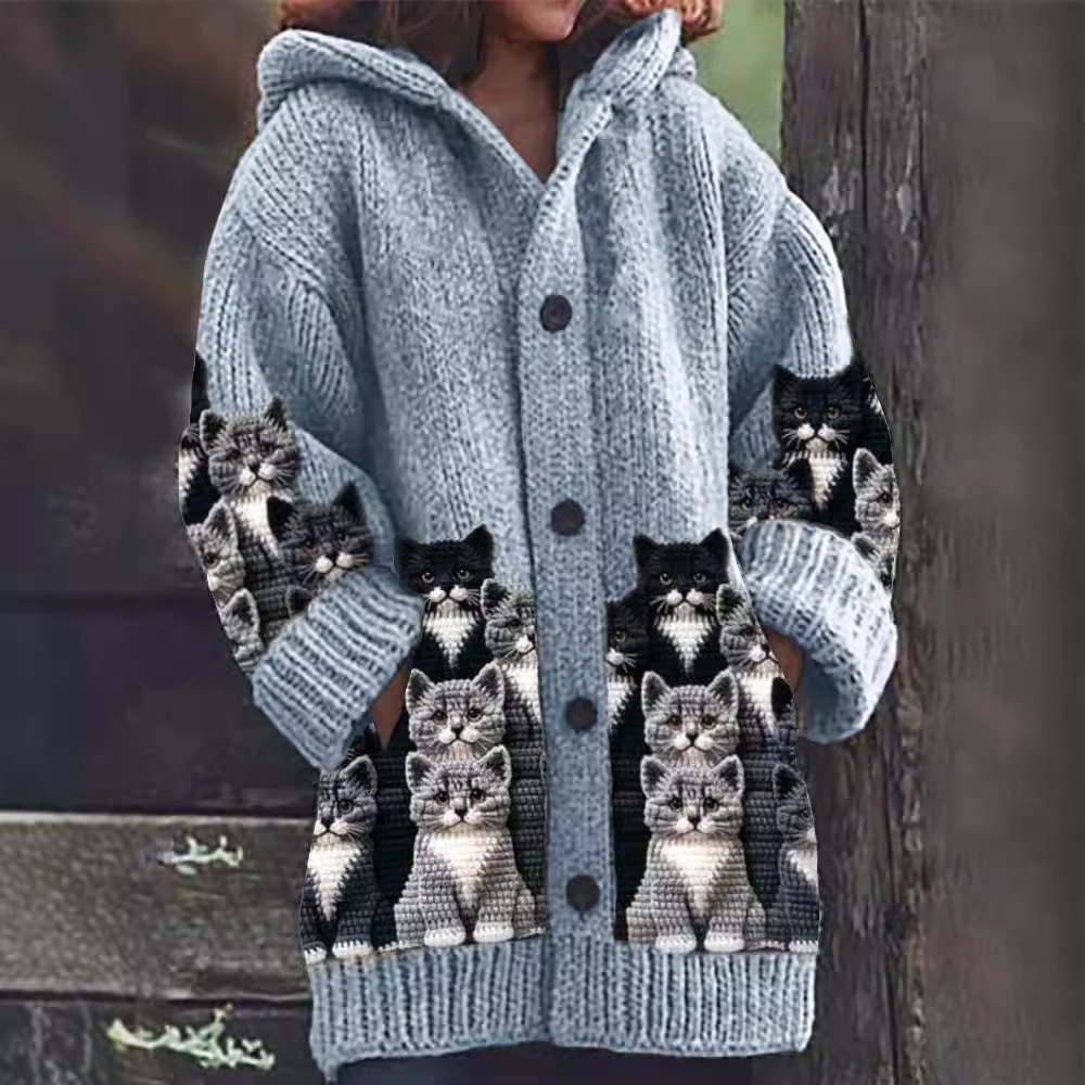 WW | Cozy Knitted Cat Print Cardigan