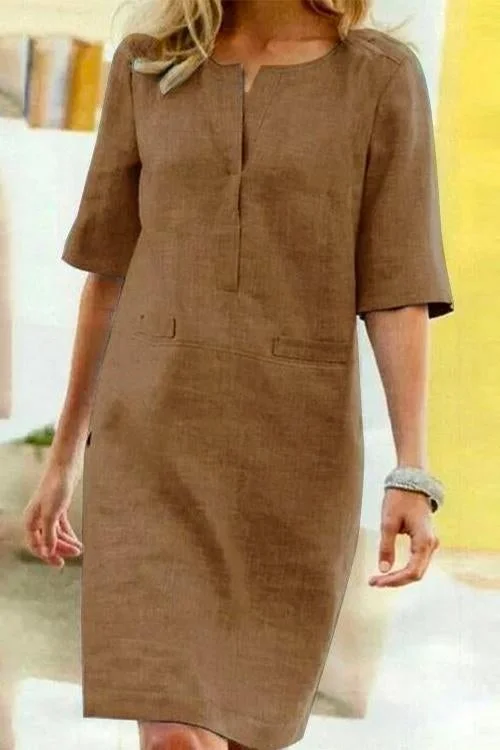 WW | Straight Cotton and Linen Dress with Short Sleeves