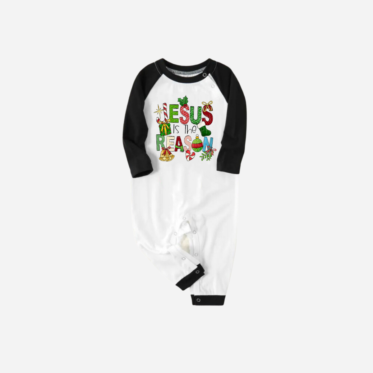 WW | Christmas Cartoon Family Christmas Pajama Set - Black and White Top with Green Plaid Pants and "Jesus is the Reason" Design