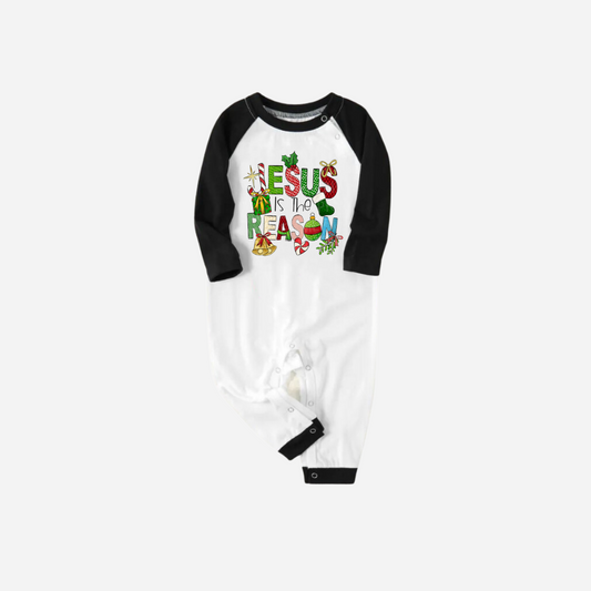 WW | Christmas Cartoon Family Christmas Pajama Set - Black and White Top with Green Plaid Pants and "Jesus is the Reason" Design