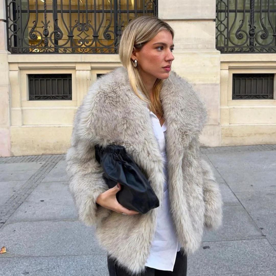WW | Faux Fur Coat Luxurious Soft Texture Open Front Classic Lapel Collar