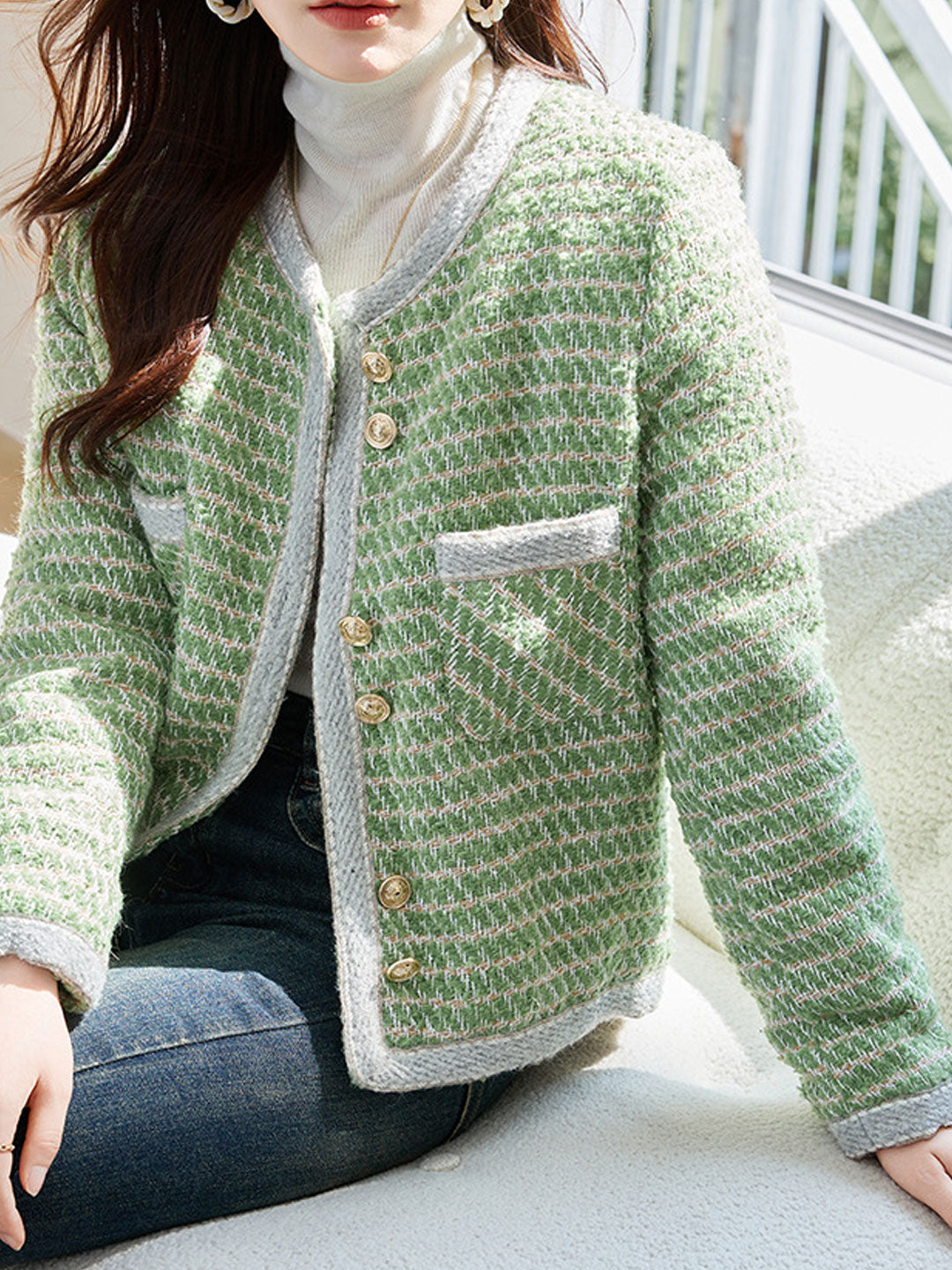 WW | Klassische Rundhalsgarnknopf-Tweedjacke