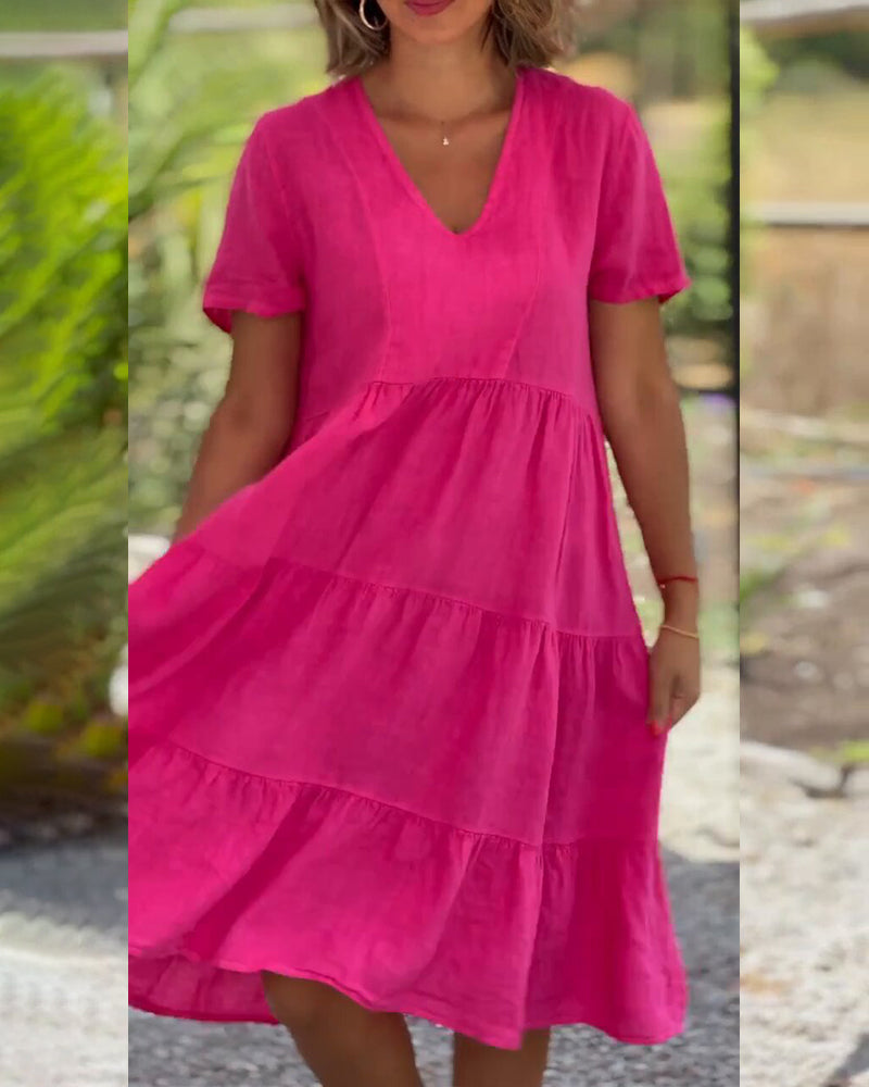 WW | Einfarbiges Kleid aus Baumwoll-Leinen mit V-Ausschnitt