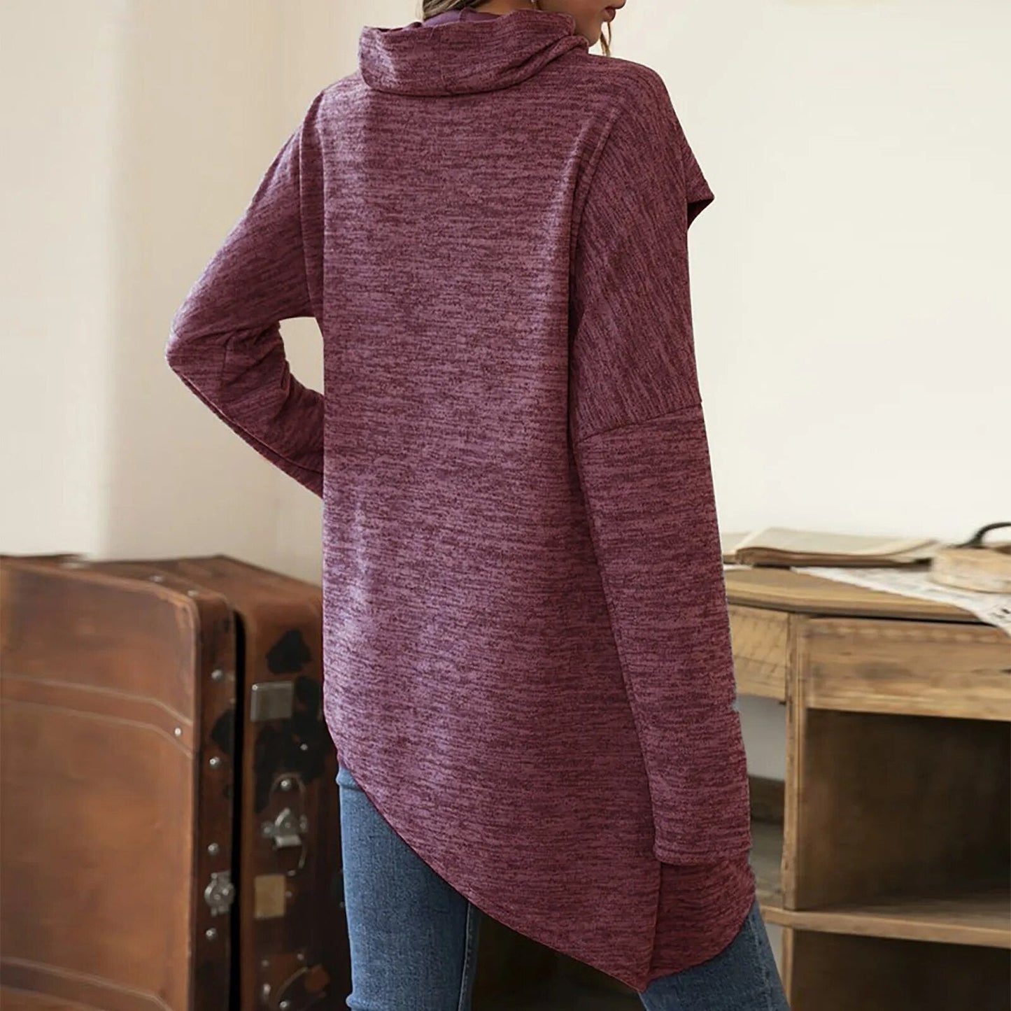 WW | Damen Hoodie - Langer Pullover mit Wickelkragen & Knopfdetails