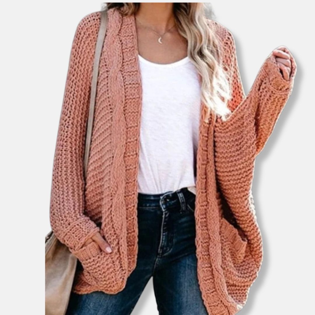 WW | Woll Übergroßer Cardigan - Gerippter Offener Fronttaschen Cardigan