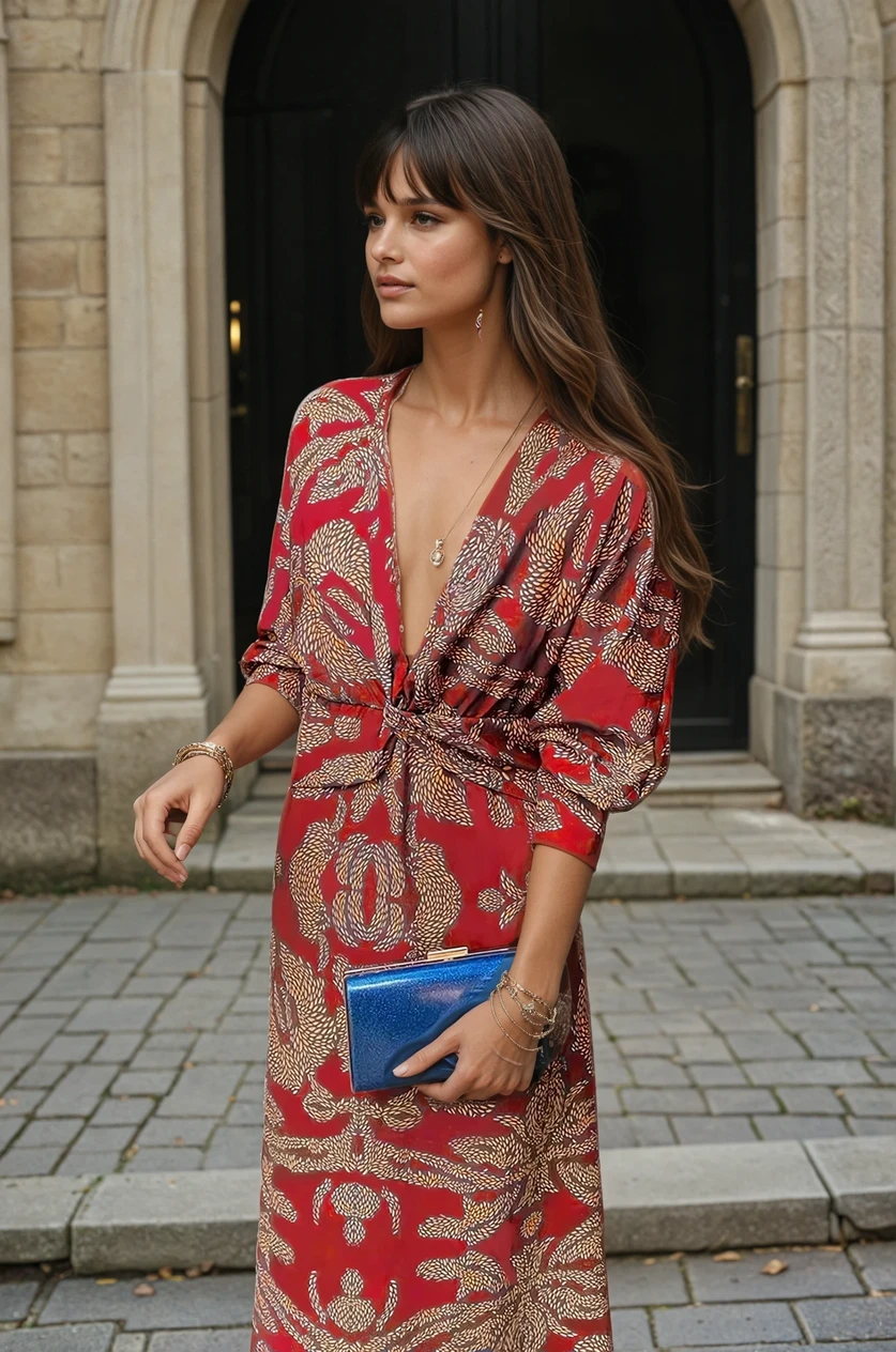 Sandra Midi Dress - V-neck dress with long sleeves for events and celebrations